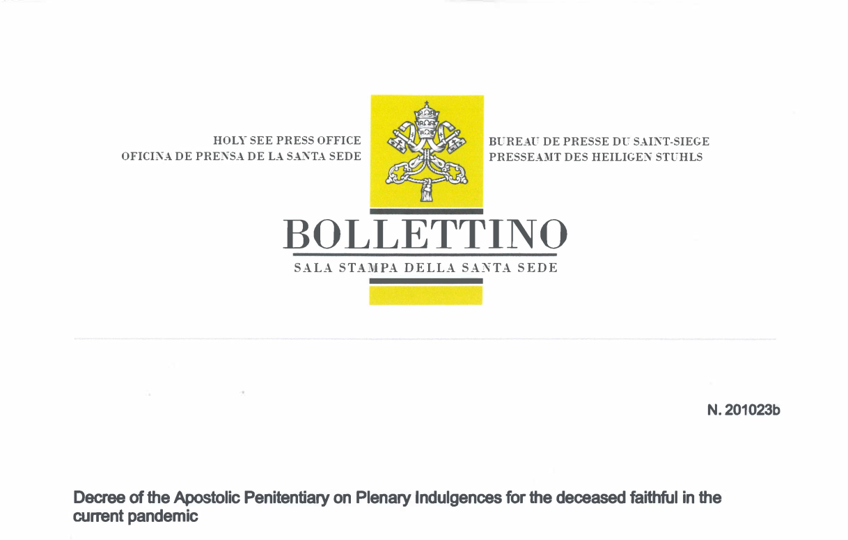 Decree of the Apostolic Penitentiary on Plenary Indulgences for the deceased faithful in the current pandemic