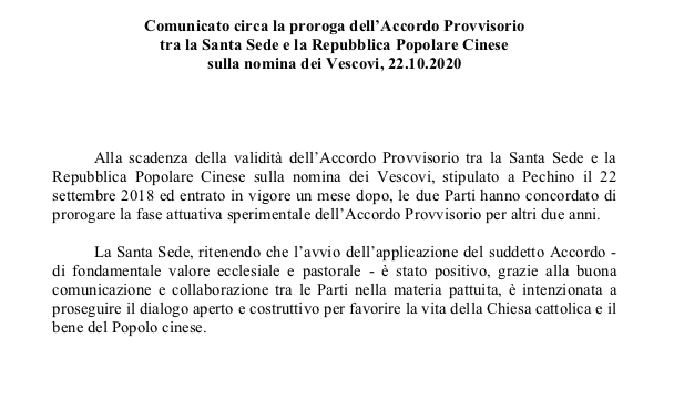 Holy See-China provisional agreement on appointment of bishops extended for two years