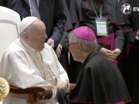 Mongolia: Pope Francis greeting Bishop Stephen Chow Sau Yan, SJ