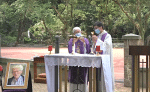 Cardinal Zen and Father Cheung celebrating the memorial Mass for Father Hurley on April 20. Photo: screenshot of Justice and Peace Commission webcast