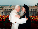 Pope John Paul II and Ecumenical Patriarch Bartholomew of Constantinople embrace on the balcony of St. Peter's Basilica following three days of private meetings in 1995. File photo: CNS/L’Osservatore Romano