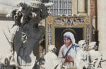 A tapestry of St. Teresa of Kolkata on the façade of St. Peter's Basilica as Pope Francis celebrates her canonisation Mass at the Vatican on 4 September 2016. Photo: CNS