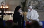 Pope Francis talks with Ecumenical Patriarch Bartholomew during an encounter to pray for peace, in Piazza del Campidoglio in Rome on October 20. Photo: CNS