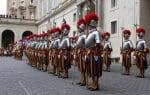 Swiss Guard members during a 2015 swearing-in ceremony in the Vatican's San Damaso courtyard. Photo: CNS