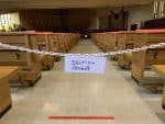 A sign reading "closed section" at St. Benoît Abbé's church in Quebec City, Canada, on 17 October 2020. Photo: CNS /Presence