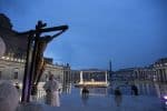 Pope Francis praying before the Miraculous Crucifix from the Church of St. Marcellus during a prayer service in an empty St. Peter’s Square on 27 March 2020. Photo: CNS/Vatican Media