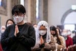 Mass at Myeongdong Cathedral in Seoul last April when public Masses resumed after suspension due to the Covid-19 pandemic. Photo: UCAN/Catholic Times of Korea