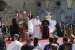 Pope Francis during a memorial prayer for the victims of the war at Hosh al-Bieaa in Mosul, Iraq, on March 7. Photo: CNS