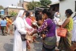 Nuns from the Sisters of St. Joseph of the Apparition provide food items to 300 needy households in Mandalay on April 20. Photo: UCAN/SJA