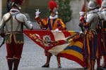 A Swiss Guard recruit takes his oath during the swearing-in ceremony for 34 new guards at the Vatican on May 6. Photo: CNS