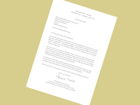 Message of condolence from Archbishop Vincent Nichols of Westminster, following fire at Wang Fuk Court, Tai Po