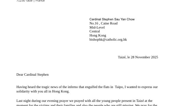Condolences from the prior of the Taize Community over the Wang Fuk Court fire
