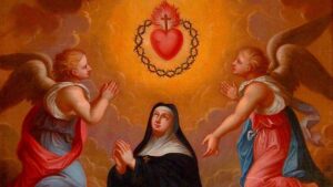 Virgin Mary kneels in prayer between two angels who gaze at a Sacred Heart encircled by thorny crown and a cross.