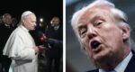 Left: pope in white robes being interviewed at night, microphone held near him; right: close-up of a man with white hair shouting.