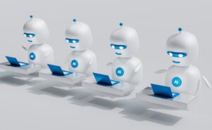 Four white robots at desks typing on blue laptops, each with an AI badge on their chest.