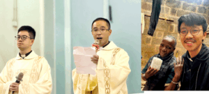 Two priests in cream robes speak into microphones; one reads from a paper. The right panel shows two men posing for a selfie, one holding a notebook outdoors by a brick wall.