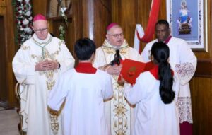 Catholic bishops in ornate robes blessing altar servers during a ceremony; one holds a red book as others look on.