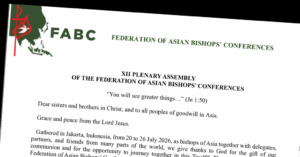 Tilted document page showing FAB C logo and the title 'Federation of Asian Bishops’ Conferences' for XII Plenary Assembly.
