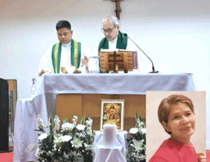Catholic priests celebrate Mass at an altar with white cloth, green stoles, a cross backdrop, flowers, and a framed religious image; inset shows a smiling woman in pink.