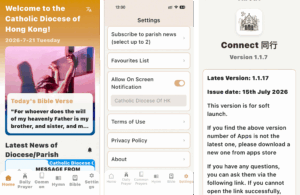 Screenshots of a Catholic Diocese HK app: home screen with welcome message, date, Bible verse card, and news sections (informational).