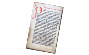 Tilted old manuscript page with a large red decorative initial and dense black script on parchment edges visible around the margins