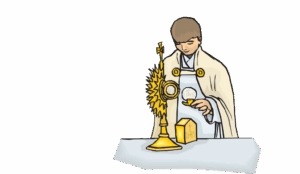 Priest in white vestments standing at an altar holding the Eucharist beside a gilded monstrance during adoration (Catholic rites).