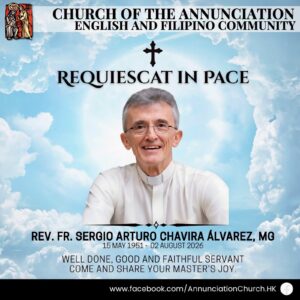 Memorial banner for Rev. Fr. Sergio Arturo Chavira Alvarez with a priest's portrait against a cloudy sky, cross, and church name.